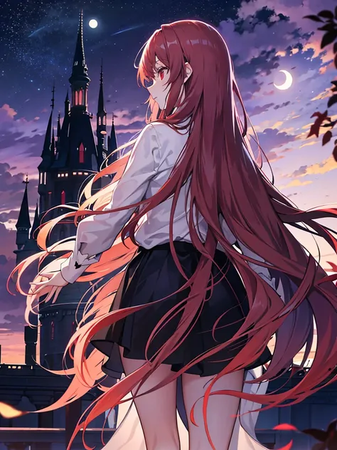 from behind，windy，extra long hair，purplesky，moon light，red eyes，bronze hair，castle，, long sleeve shirt