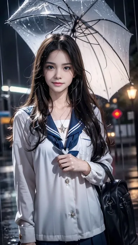 (RAW shooting, Photoreal:1.5, 8k, highest quality, masterpiece, ultra high resolution), perfect dynamic composition:1.2, street corner at night, look up at the sky:1.3, (((Typhoon heavy rain))), Highly detailed skin and facial textures:1.2, Slim high schoo...