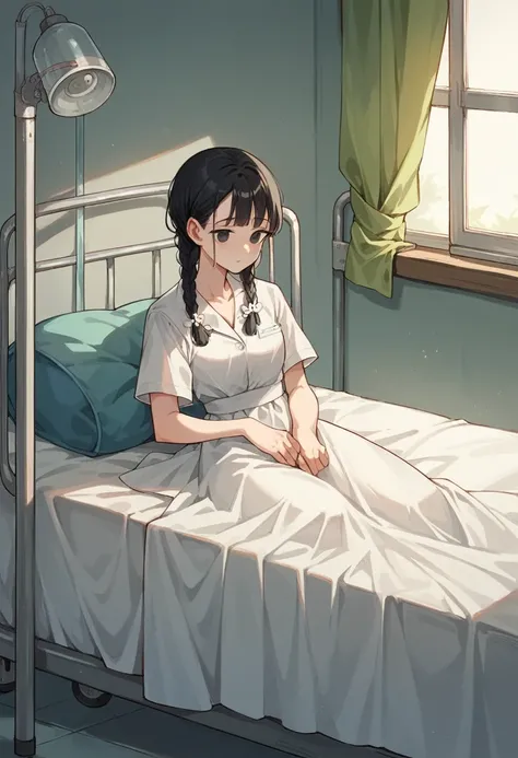 (one small elementary school student,Black Hair,Hairstyle: braids,Black eyes,Medium Chest)Patient gown,A girl sitting on a hospital bed