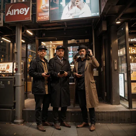 Ancient engineers in New York City taking photos with smartphones