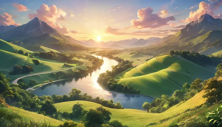 a beautiful dreamlike landscape, anime style, distant view, (best quality,4k,8k,highres,masterpiece:1.2),ultra-detailed,(realistic,photorealistic,photo-realistic:1.37),vibrant colors,soft lighting,rolling hills,lush vegetation,winding river,majestic mounta...