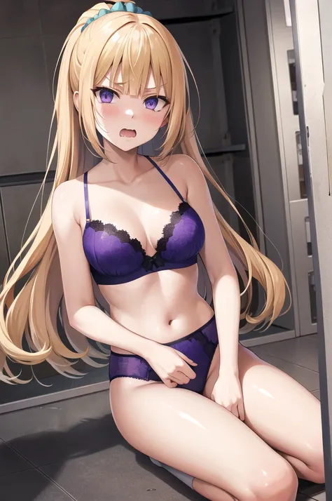 masterpiece, Highest quality, High resolution, bbkei, Long Hair,Yellow Hair, ponytail, Hair Scrunchie,clavicle,Purple bra,Purple gartered panties,Inside the gym storeroom,Embarrassing,Angry