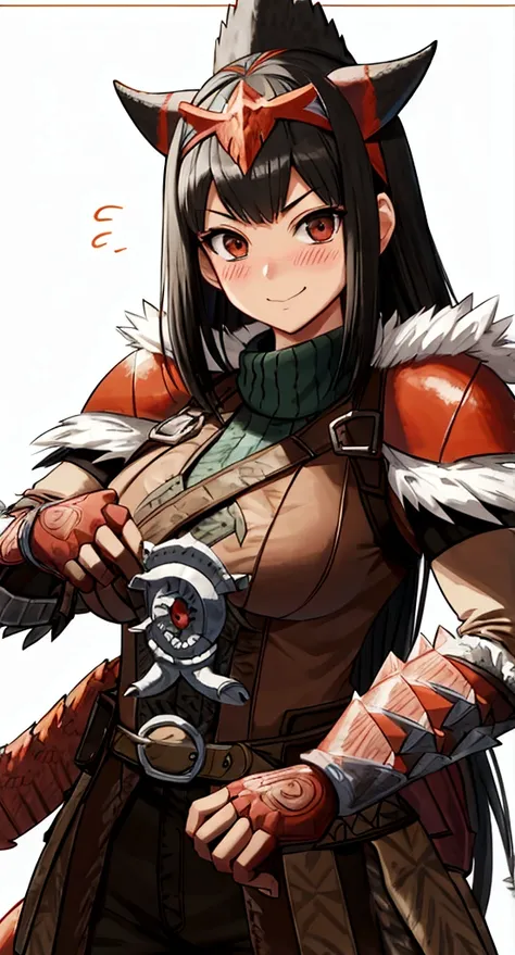 ((monsterhunter)), looking the viewer, solo, girl, shy, red cheek, bashful, embarrassed, smiling, perfect face, muscular,  long hair, beautiful eye, warrior, upper body
