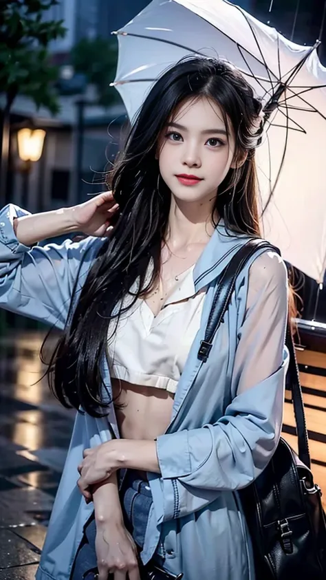 (RAW shooting, Photoreal:1.5, 8k, highest quality, masterpiece, ultra high resolution), perfect dynamic composition:1.2, street corner at night, look up at the sky:1.3, (((Typhoon heavy rain))), Highly detailed skin and facial textures:1.2, Slim high schoo...