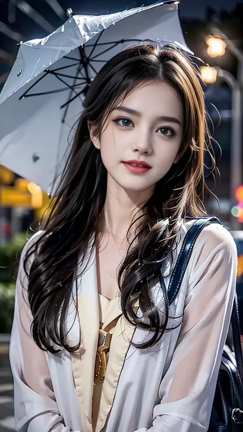 (RAW shooting, Photoreal:1.5, 8k, highest quality, masterpiece, ultra high resolution), perfect dynamic composition:1.2, street corner at night, look up at the sky:1.3, (((Typhoon heavy rain))), Highly detailed skin and facial textures:1.2, Slim high schoo...