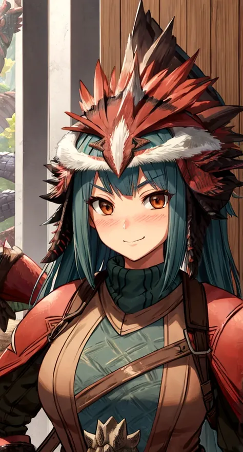 ((monsterhunter)), looking the viewer, solo, girl, shy, red cheek, bashful, embarrassed, smiling, perfect face, muscular,  long hair, beautiful eye, warrior, upper body
