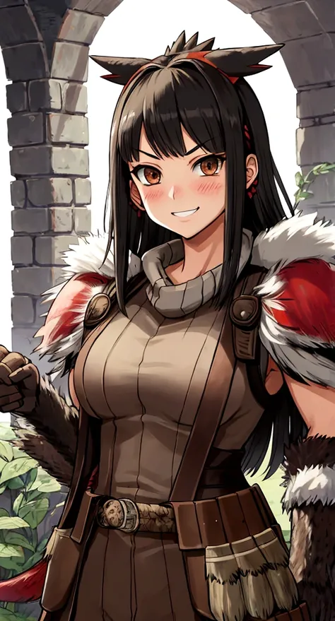 ((monsterhunter)), looking the viewer, solo, girl, shy, red cheek, bashful, embarrassed, smiling, perfect face, muscular,  long hair, beautiful eye, warrior, upper body
