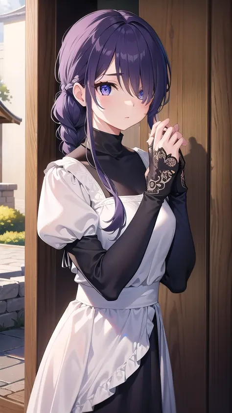 meimei, mei mei, long hair, very long hair, braid, (hair over one eye:1.5), braided ponytail, one eye covered, braided bangs, (purple eyes:1.1),
BREAK long sleeves, dress, puffy sleeves, black dress, juliet sleeves, turtleneck dress,
BREAK looking at viewe...