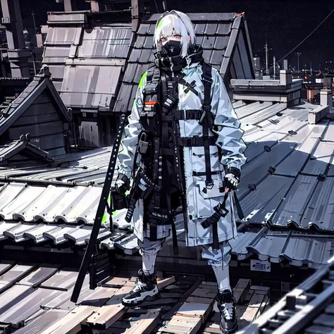 ((masterpiece, Highest quality)),8K,One girl,Short white hair, No background, Techwear Jacket,Tactical Vest,Buckle and tape fastening,night, Old Sky, (rooftop:1.2),addition_detailed,nijijourneyv5,