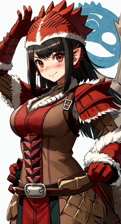 ((monsterhunter)), looking the viewer, solo, girl, shy, red cheek, bashful, embarrassed, smiling, perfect face, muscular,  long hair, beautiful eye, warrior, upper body
