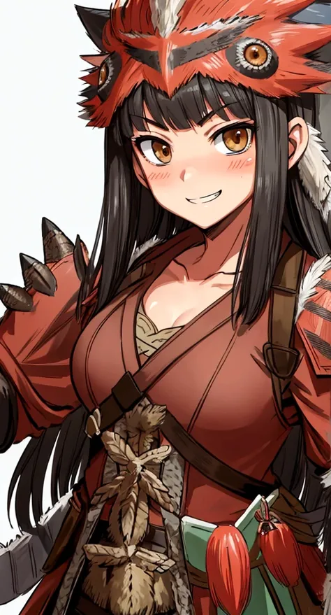 ((monsterhunter)), looking the viewer, solo, girl, shy, red cheek, bashful, embarrassed, smiling, perfect face, muscular,  long hair, beautiful eye, warrior, upper body
