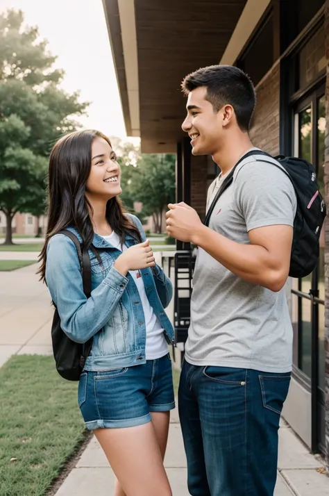 A young couple meeting for the first time on a college campus, with vibrant surroundings and a hint of romance in their expressions.