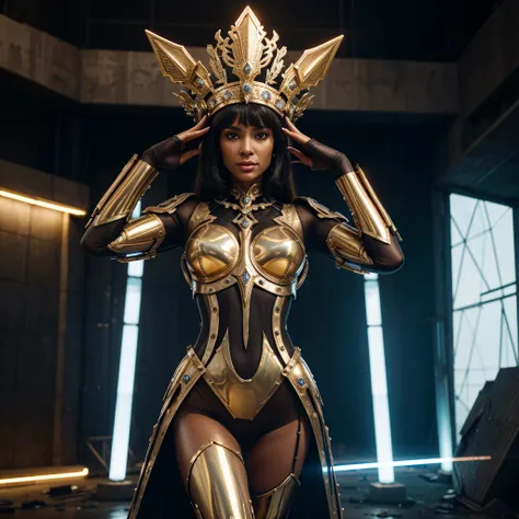 Woman in extravagant headdress, reminiscent of an ancient crown with futuristic elements.
full height, with long legs and seductive shapes.
Face with clearly defined features and metallic accents.
Suit made of transparent material with integrated luminous ...