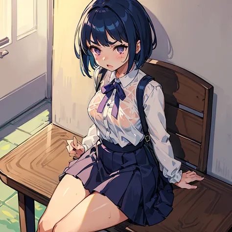 Young girl with blue hair,short straight hair and short bangs (purple eyes),, ((small bushy eyebrows)), wearing gothic lolita clothing, lolicon , large breast, breasts out of blouse, walking to school, bored look, bored face, ,sitting with open legs, lifti...