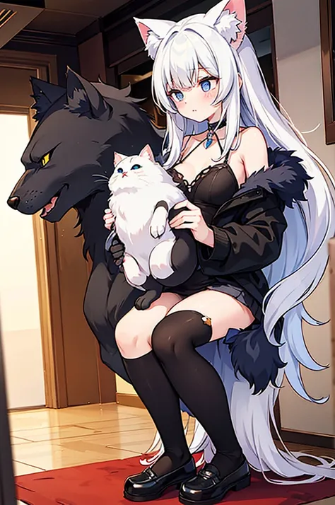 white girl cat beast, black boy wolf beastman, cute, couple