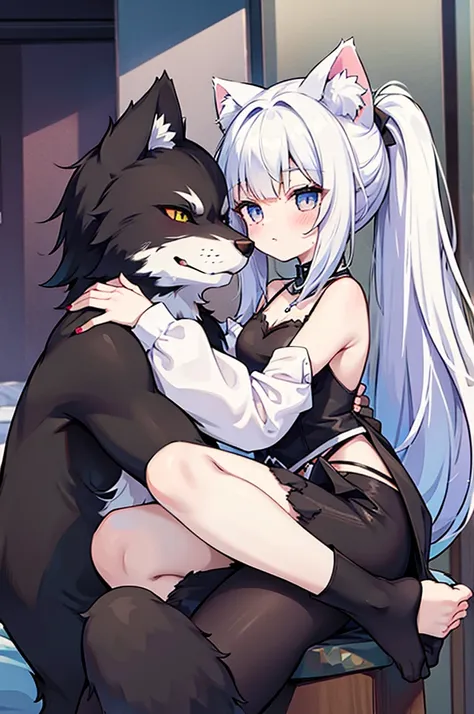 white girl cat beast, black boy wolf beastman, cute, couple