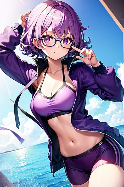 one girl, short curly light purple hair with dark purple finish, glasses, summer swim outfit, simple detaled, lovable, no background, dynamic pose, stylish purple jacket