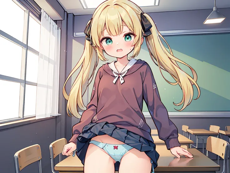 (masterpiece),(((perfect anatomy))),high quality,best quality,8k,super fine illustration,ultra detailed,extremely detailed eyes,extremely detailed body,extremely detailed finger, age of 12, (blonde pigtails:1.2), small breasts, from front, , light blue pan...