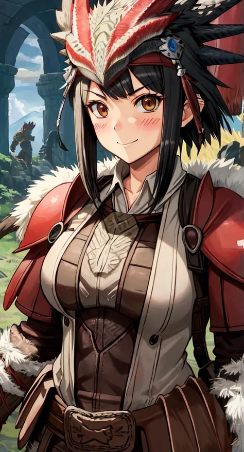 ((monsterhunter)), looking the viewer, solo, girl, shy, red cheek, bashful, embarrassed, smiling, perfect face, muscular,  long hair, beautiful eye, warrior, upper body
