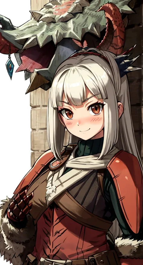 ((monsterhunter)), looking the viewer, solo, girl, shy, red cheek, bashful, embarrassed, smiling, perfect face, muscular,  long hair, beautiful eye, warrior, upper body
