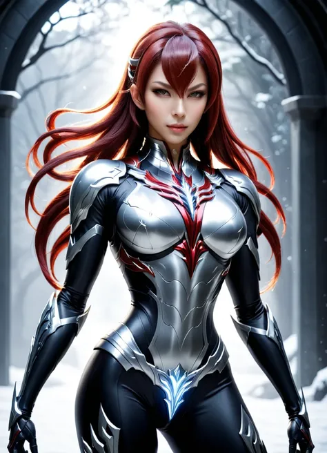 Concept Art (Digital Artwork:1.3) of (Simple illustration:1.3) 身穿银白色服装of女人站在城市里, From《Lineage 2》, wearing witchblade armor, Lineage 2 风格, Unreal Engine rendering of Saint Seiya, of a beautiful female warframe, from ncsoft, silver armor and red clothing, 超精...