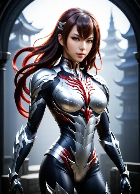 Concept Art (Digital Artwork:1.3) of (Simple illustration:1.3) 身穿银白色服装of女人站在城市里, From《Lineage 2》, wearing witchblade armor, Lineage 2 风格, Unreal Engine rendering of Saint Seiya, of a beautiful female warframe, from ncsoft, silver armor and red clothing, 超精...