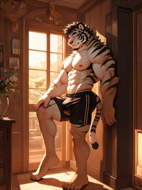 bara extremely handsome white tiger furry leaning back on wall wearing only tight boxer briefs, extremely tall, massive pecs, broad shoulders, sultry gaze, purple eyes, smirking at camera seductively, sultry gaze, one hand on his thigh near his cock, runni...