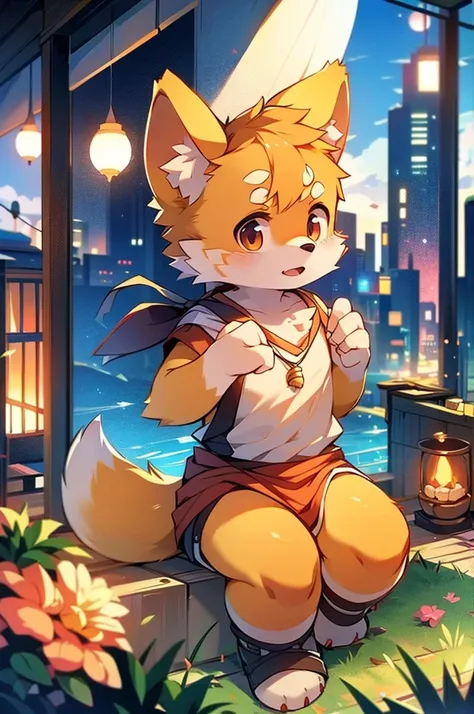 Shiba Inu boy，Southeast Asian cityscape，