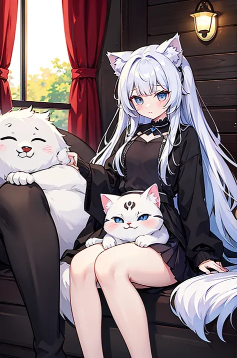 white girl cat beast, black young wolf beastman, cute, couple