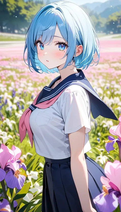 (1 girl),(Best Picture Quality, 8K, Masterpiece:1.3), (high school student:1.5), (pink lob hair:1.1), [skyblue hair:0.1], (bob cut),(swept bangs), (cute eyes, pupil black, iris skyblue, youthful face), (mole under right eye), (standard weight), (medium bre...