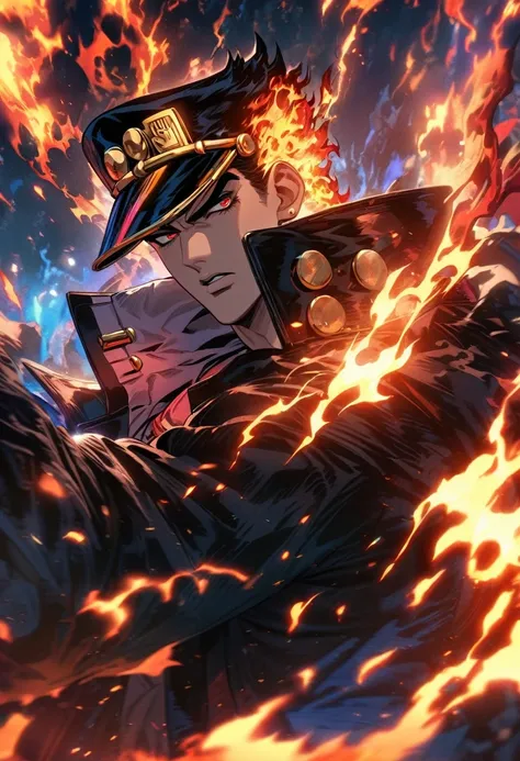 Symetrical,absurdres, highres, ultra detailed, HDR, masterpiece, extremely detailed face and eyes, Jotaro, jojo bizarre,,colorful hair , black hat, solo, man, handsome, ,, , Epic fight scene,fire red lightning effect, glowing glitters, , flames effect, fla...