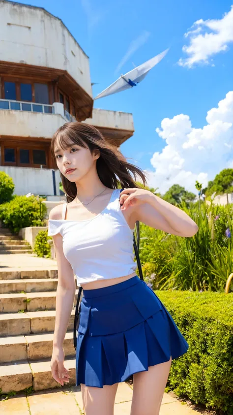 ((Viewing angle from below、Highest quality、masterpiece、32k、Every detail))、Descend the outdoor stairs、commute、Systemic manifestations、Traditional navy blue sailor uniform、White blouse、Pleated skirt、(((A strong wind blows my hair and skirt away:1.62)))、((I a...