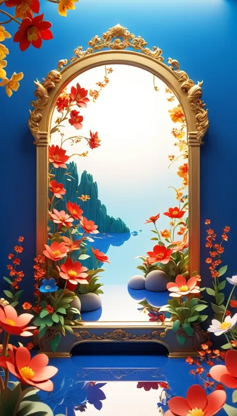 flowers grow out of a large mirror，镜子中是以粉red云彩为主的天空，there are flowers and plants all around，rendered in cinema4d style and clay ...