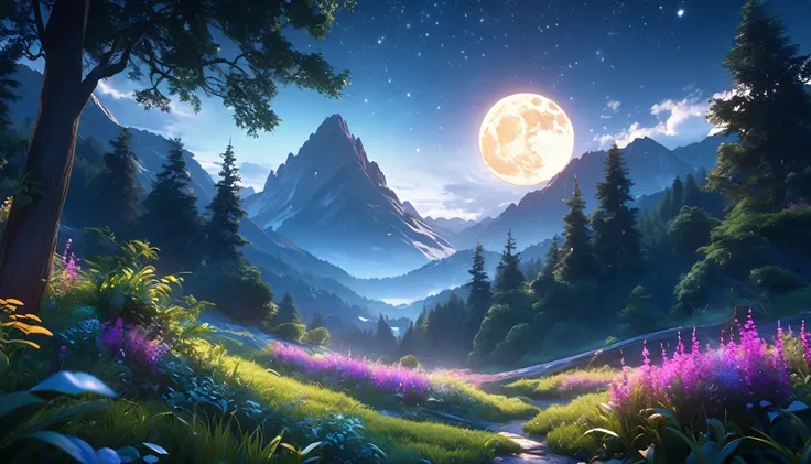 a beautiful night landscape, anime style, dreamlike, ethereal, glowing moon, starry sky, mountains in the distance, lush forest, mystical atmosphere, vibrant colors, cinematic lighting, soft focus, (best quality, 4k, 8k, highres, masterpiece:1.2), ultra-de...