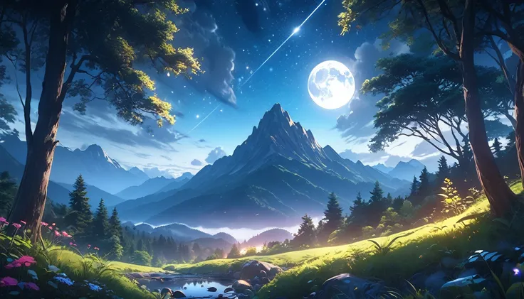 a beautiful night landscape, anime style, dreamlike, ethereal, glowing moon, starry sky, mountains in the distance, lush forest, mystical atmosphere, vibrant colors, cinematic lighting, soft focus, (best quality, 4k, 8k, highres, masterpiece:1.2), ultra-de...