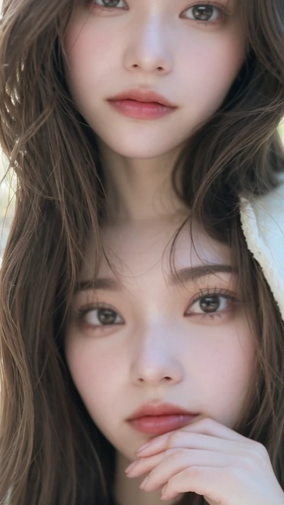 (((Ultra-high resolution、Close-up、Cute Japanese Woman)))、Long, straight black hair frames her face、So that every single hair is clearly visible、Depicts subtle color changes depending on the amount of light hitting the subject、The skin is white and smooth、H...