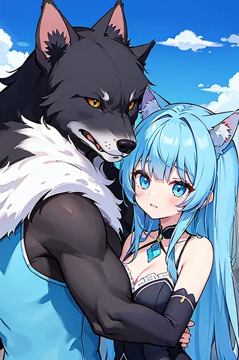 sky blue girl cat beast, black young wolf beastman, cute, couple