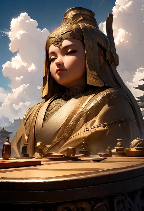 ((On the table))，(best quality))，Chinese style，in the sky, Clouds form a giant Maitreya Buddha statue，Pilgrims on the road，Surrealism，Hyper-photorealism，real picture，8K，HD，high quality，masterpiece，Ultrafine，（（（OC Renderer）））