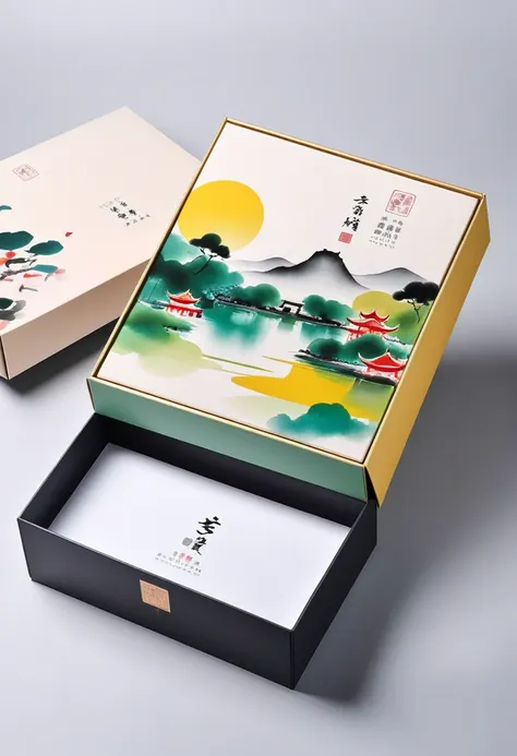 product packaging design，packaging box，mail order box，printing：geometric abstract ink painting，describe the jiangnan garden comp...