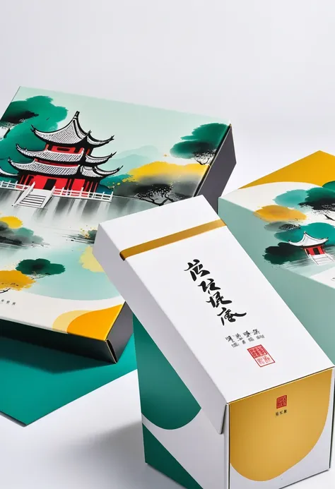 product packaging design，packaging box，mail order box，printing：geometric abstract ink painting，describe the jiangnan garden comp...