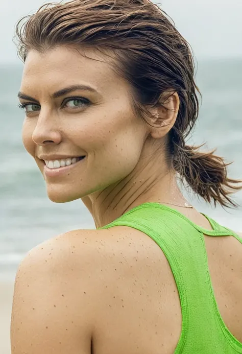 (high quality Erotic celebrity photograph ) (  lauren_cohan, , exhausted , at a  beach side  , smiling  ,( show her side , side boob tanktop  her  hair pulled back,pony tail,  incredibly sweaty light green  tank top, transparent tank top ) photorealistic )...