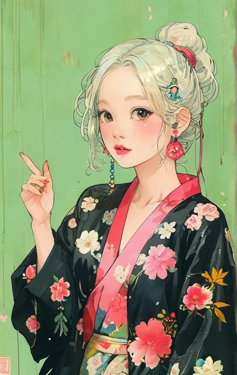 On a bright red campus"YES"Character、(masterpiece, best quality:1.2), 1 girl, Solitary，anime style，White hair, Girl with pink lips and light floral earrings puts finger on mouth，With the style of a top portrait painter, Yellow-green background.