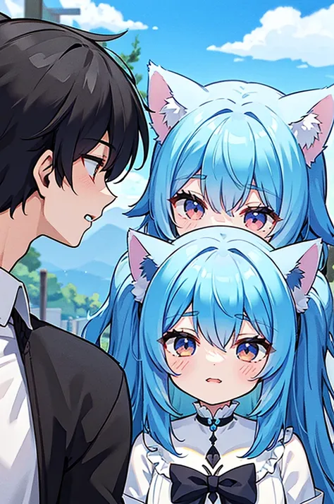 sky blue girl cat beast, black young wolf beastman, cute, couple