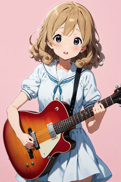 1girl, Hana, from "K-ON!", bright blue eyes, pastel pink background, wearing a white sailor uniform, curly blonde hair, holding a guitar, masterpiece, best quality, very aesthetic, safe --preset 2, ((medium quality)), ((medium quality))