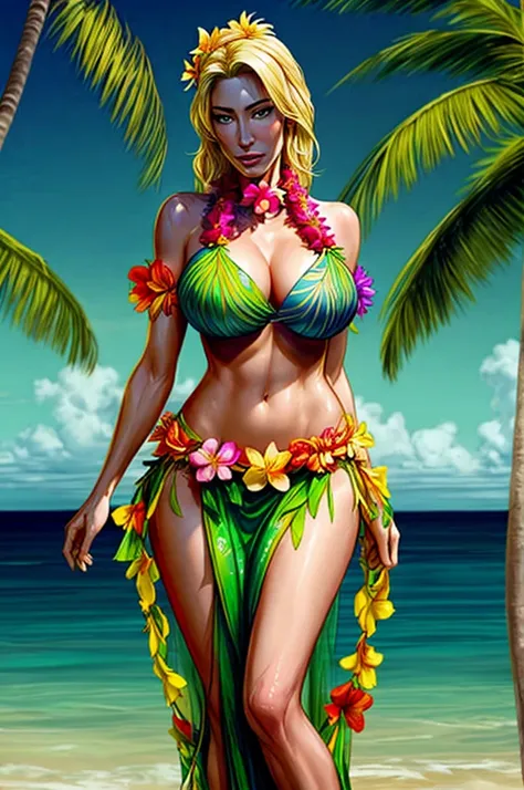 Jaime Murray wearing a garland of flowers, blonde, girl wearing a lei, grass skirt, standing seductively, ocean background
