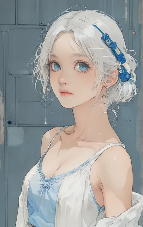  female，silver hair，blue eyes，short camisole，crop shirt，Off shoulders，white，Art， anime，illustration