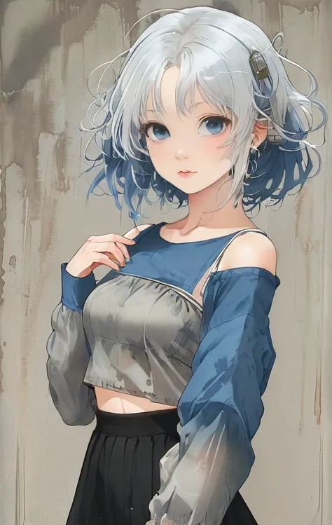  female，silver hair，blue eyes，short camisole，crop shirt，Off shoulders，white，Art， anime，illustration