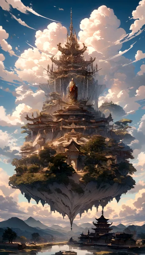 ((On the table))，(best quality))，Chinese style，in the sky, The clouds form a huge transparent and shiny white jade Maitreya Buddha statue，Thick clouds，sunny，Pilgrims on the road，Surrealism，Hyper-photorealism，pink，8K，HD，high quality，masterpiece，Ultrafine，（（...