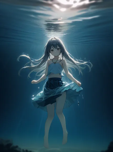 partially underwater, lakeの女神, long hair, wet hair,
lake,dark background, blurred edges,8-year-old、flat chest、skirt、above the ne...