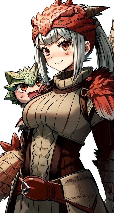 ((monsterhunter)), looking the viewer, solo, girl, shy, red cheek, bashful, embarrassed, smiling, perfect face, muscular,  long hair, beautiful eye, upper body
